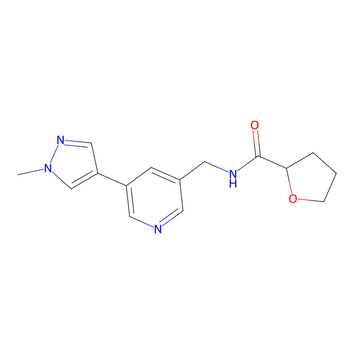 N-((5-(1-methyl-1H-pyrazol-4-yl)pyridin-3-yl)methyl)tetrahydrofuran-2-carboxamide molecular structure, CAS 2034308-57-9