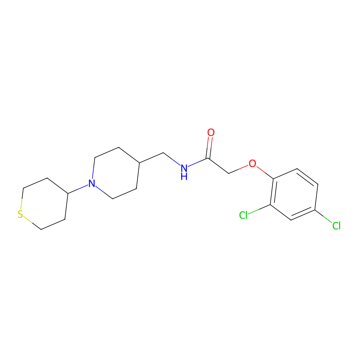 2-(2,4-dichlorophenoxy)-N-((1-(tetrahydro-2H-thiopyran-4-yl)piperidin-4-yl)methyl)acetamide molecular structure, CAS 2034308-59-1