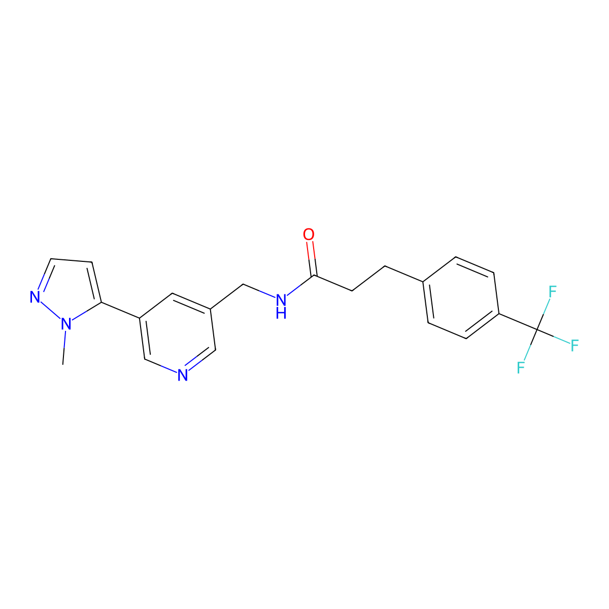 N-{[5-(1-methyl-1H-pyrazol-5-yl)pyridin-3-yl]methyl}-3-[4-(trifluoromethyl)phenyl]propanamide molecular structure, CAS 2034308-63-7