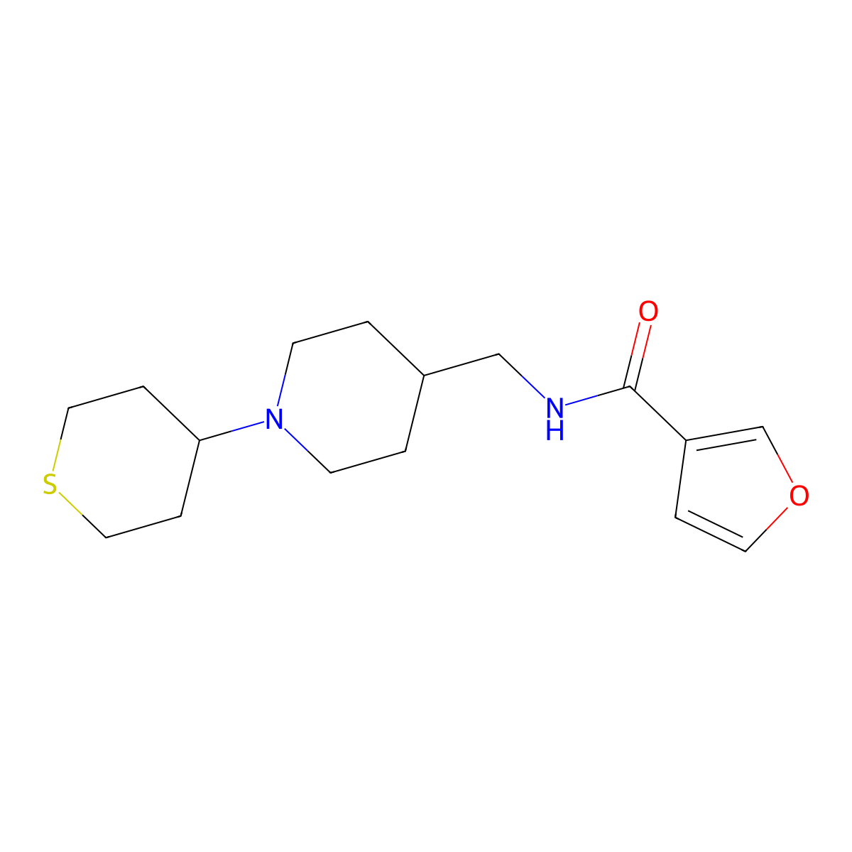 N-((1-(tetrahydro-2H-thiopyran-4-yl)piperidin-4-yl)methyl)furan-3-carboxamide molecular structure, CAS 2034308-67-1
