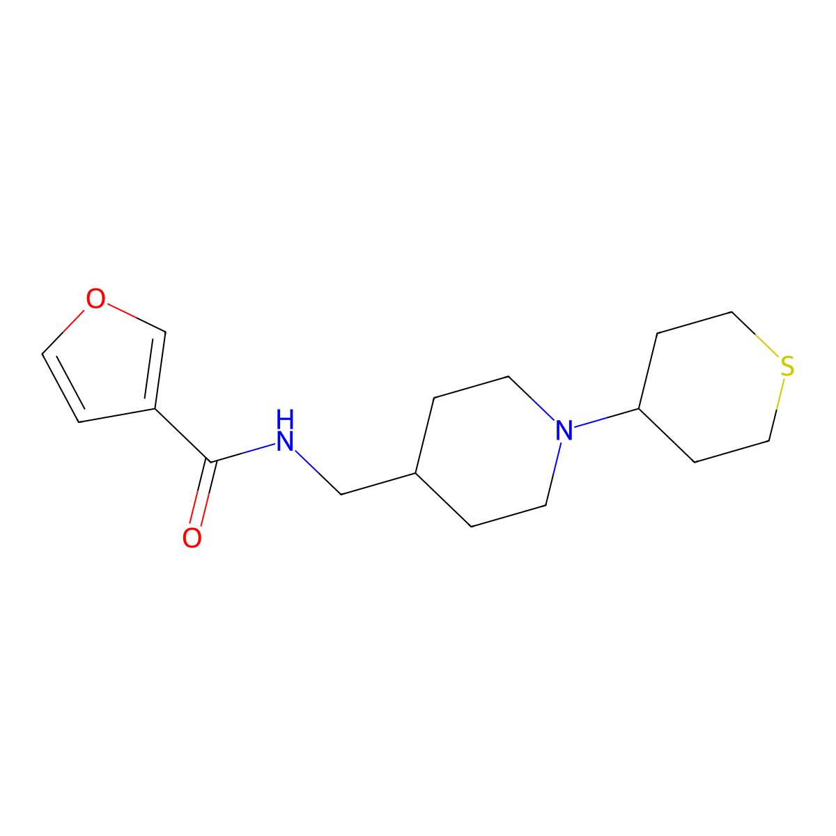 N-((1-(tetrahydro-2H-thiopyran-4-yl)piperidin-4-yl)methyl)furan-3-carboxamide molecular structure, CAS 2034308-67-1