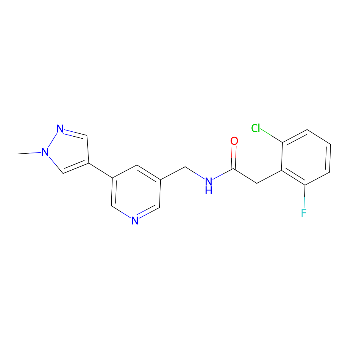 2-(2-chloro-6-fluorophenyl)-N-((5-(1-methyl-1H-pyrazol-4-yl)pyridin-3-yl)methyl)acetamide molecular structure, CAS 2034308-68-2