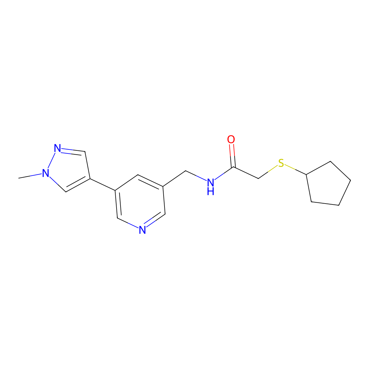 2-(cyclopentylthio)-N-((5-(1-methyl-1H-pyrazol-4-yl)pyridin-3-yl)methyl)acetamide molecular structure, CAS 2034308-73-9