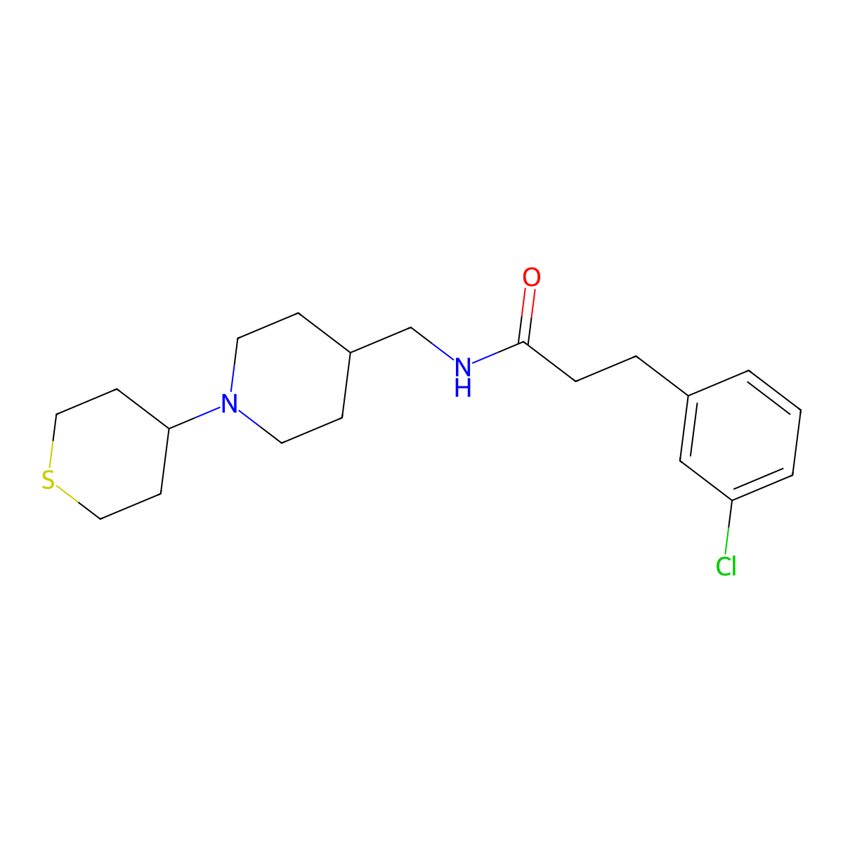 3-(3-chlorophenyl)-N-((1-(tetrahydro-2H-thiopyran-4-yl)piperidin-4-yl)methyl)propanamide molecular structure, CAS 2034308-74-0