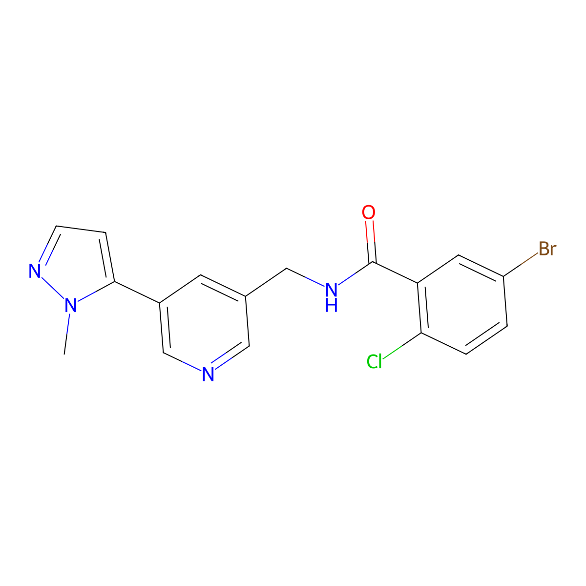 5-bromo-2-chloro-N-((5-(1-methyl-1H-pyrazol-5-yl)pyridin-3-yl)methyl)benzamide molecular structure, CAS 2034308-76-2