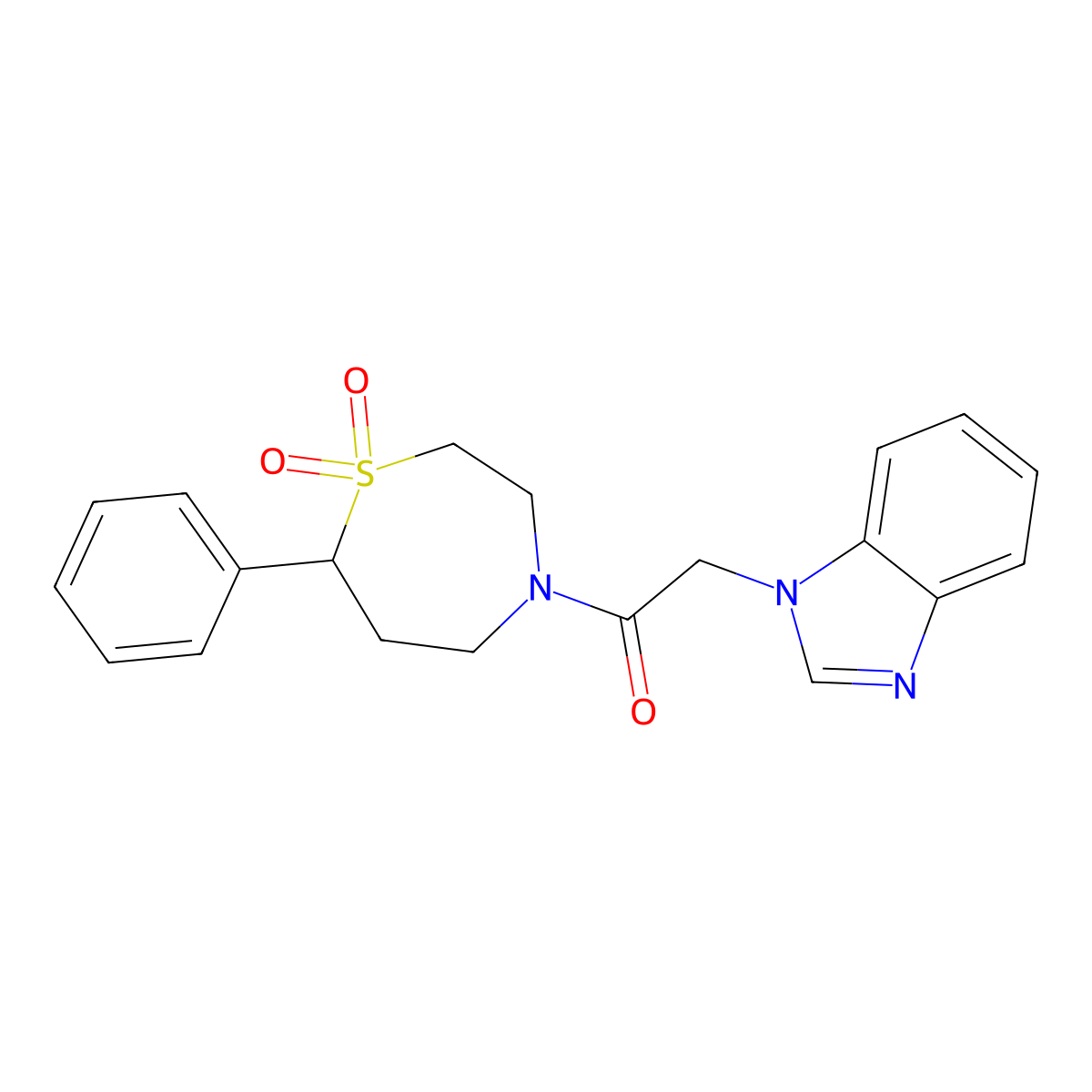 2-(1H-benzo[d]imidazol-1-yl)-1-(1,1-dioxido-7-phenyl-1,4-thiazepan-4-yl)ethanone molecular structure, CAS 2034308-78-4