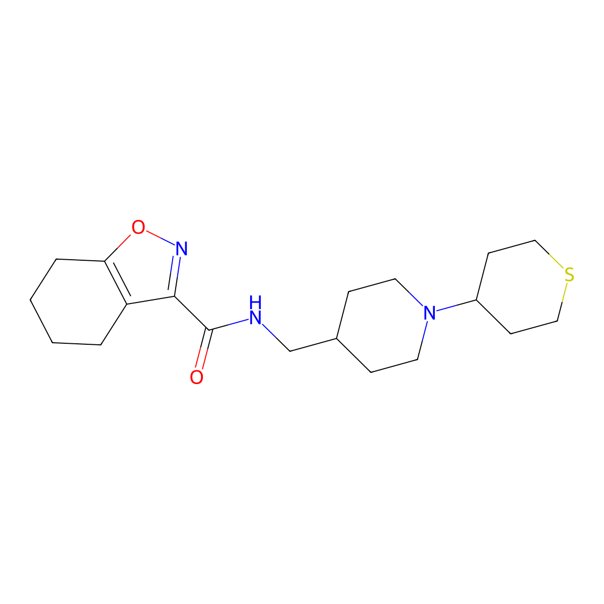 N-((1-(tetrahydro-2H-thiopyran-4-yl)piperidin-4-yl)methyl)-4,5,6,7-tetrahydrobenzo[d]isoxazole-3-carboxamide molecular structure, CAS 2034308-79-5