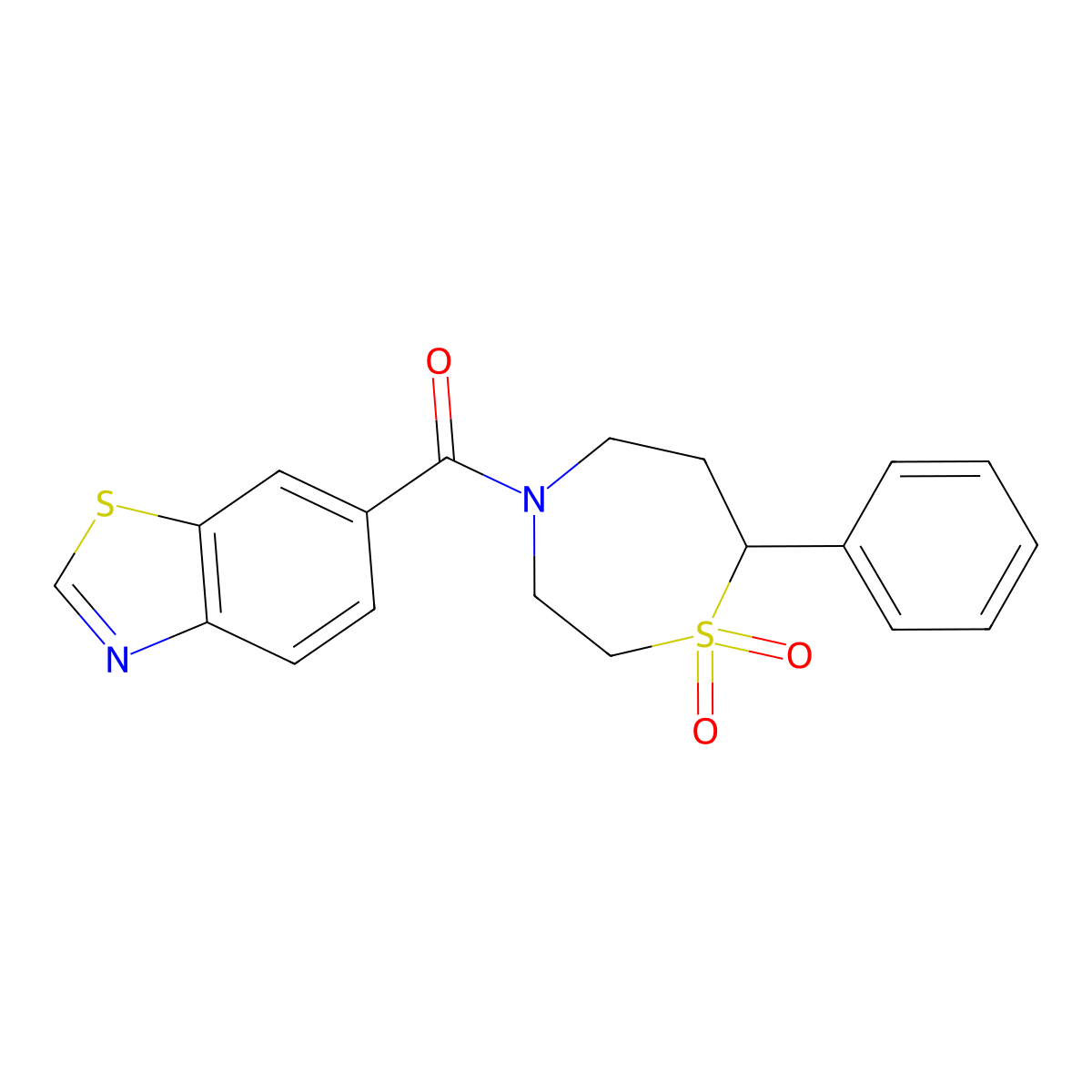 Benzo[d]thiazol-6-yl(1,1-dioxido-7-phenyl-1,4-thiazepan-4-yl)methanone molecular structure, CAS 2034308-83-1