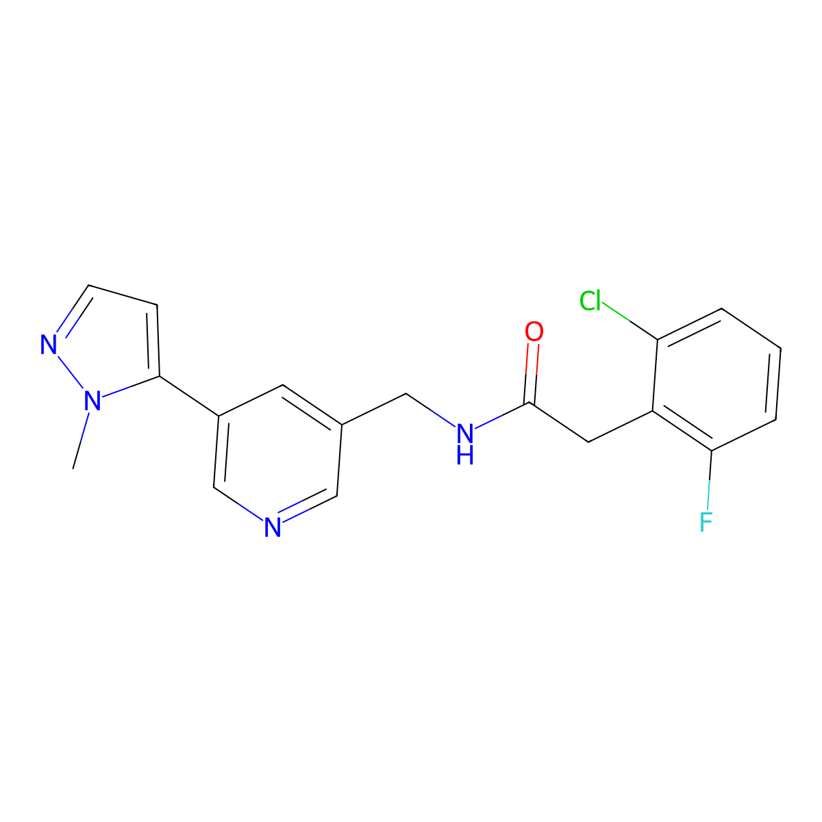 2-(2-chloro-6-fluorophenyl)-N-((5-(1-methyl-1H-pyrazol-5-yl)pyridin-3-yl)methyl)acetamide molecular structure, CAS 2034308-88-6