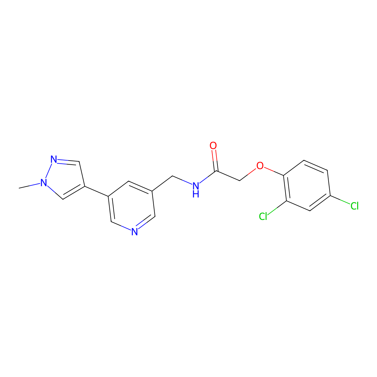 2-(2,4-dichlorophenoxy)-N-((5-(1-methyl-1H-pyrazol-4-yl)pyridin-3-yl)methyl)acetamide molecular structure, CAS 2034308-89-7