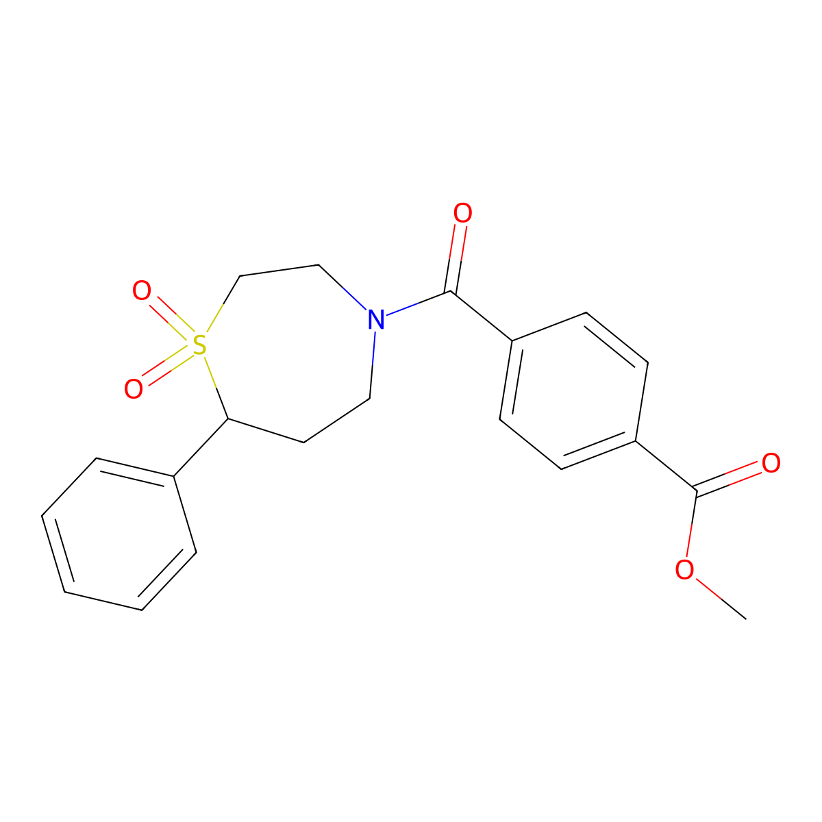 Methyl 4-(1,1-dioxido-7-phenyl-1,4-thiazepane-4-carbonyl)benzoate molecular structure, CAS 2034308-91-1