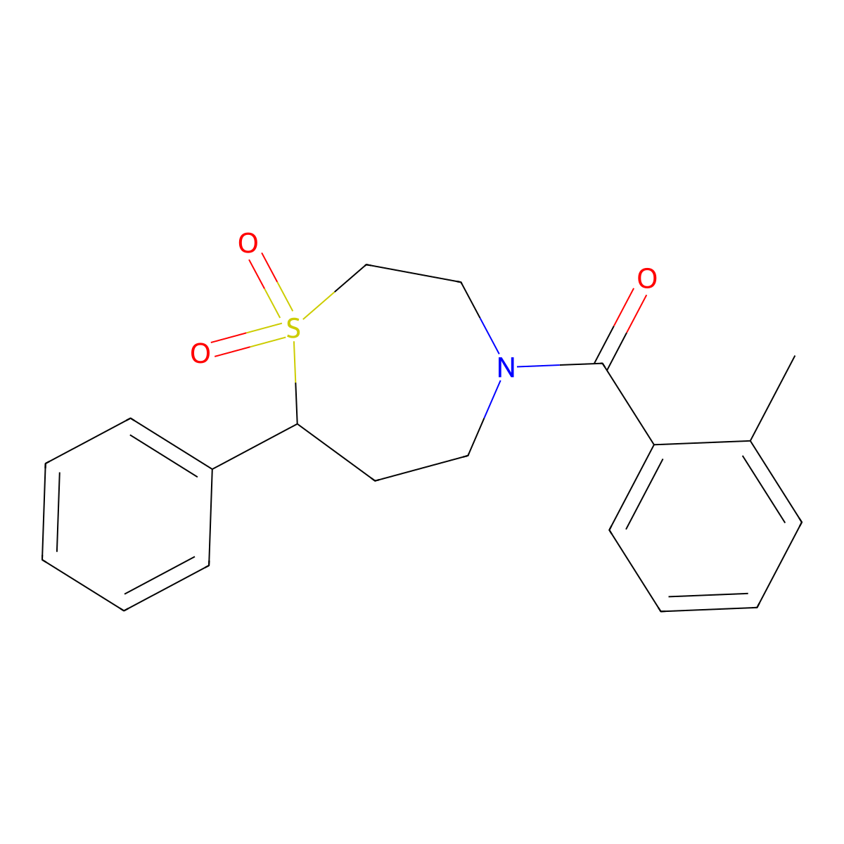 (1,1-Dioxido-7-phenyl-1,4-thiazepan-4-yl)(o-tolyl)methanone molecular structure, CAS 2034308-97-7