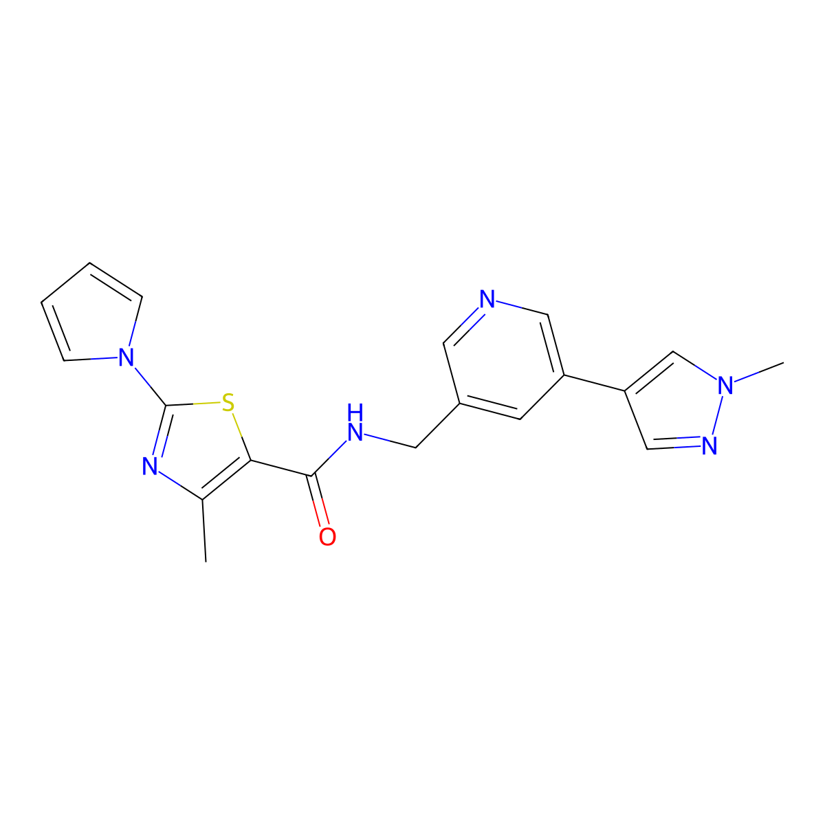 4-methyl-N-((5-(1-methyl-1H-pyrazol-4-yl)pyridin-3-yl)methyl)-2-(1H-pyrrol-1-yl)thiazole-5-carboxamide molecular structure, CAS 2034309-00-5