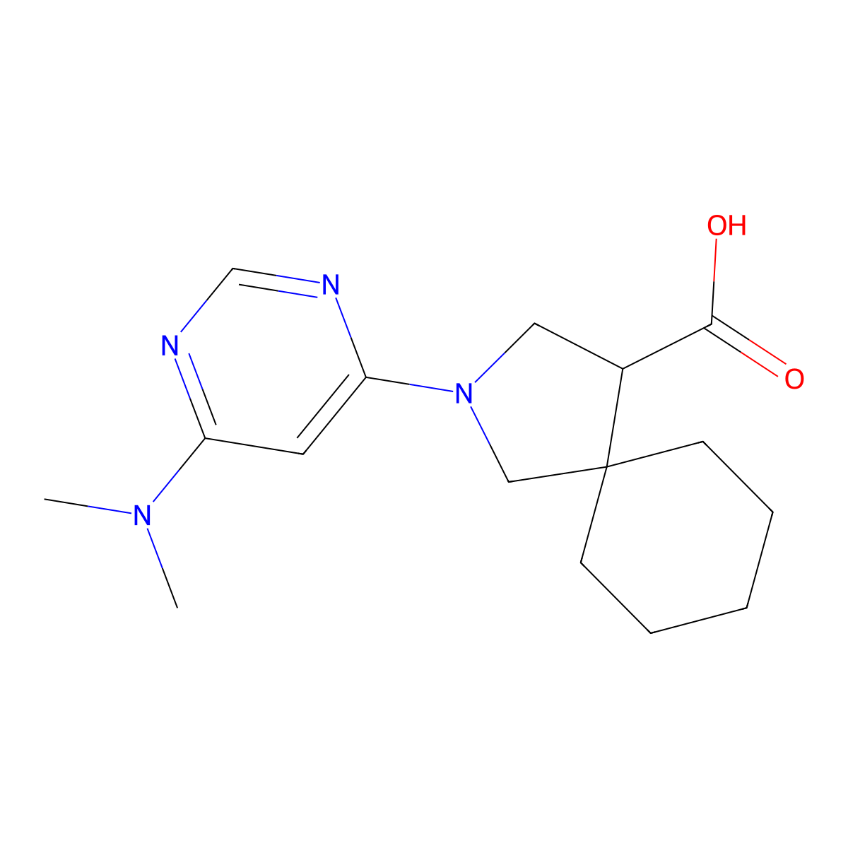 2-[6-(Dimethylamino)pyrimidin-4-yl]-2-azaspiro[4.5]decane-4-carboxylic acid molecular structure, CAS 2034309-01-6