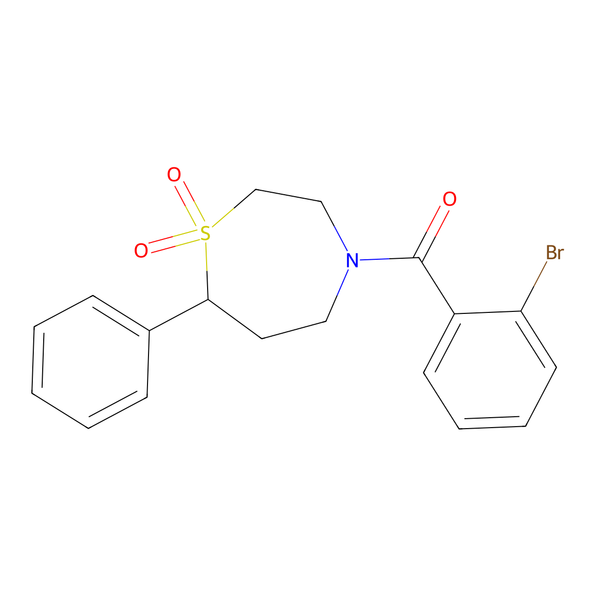 (2-Bromophenyl)(1,1-dioxido-7-phenyl-1,4-thiazepan-4-yl)methanone molecular structure, CAS 2034309-03-8