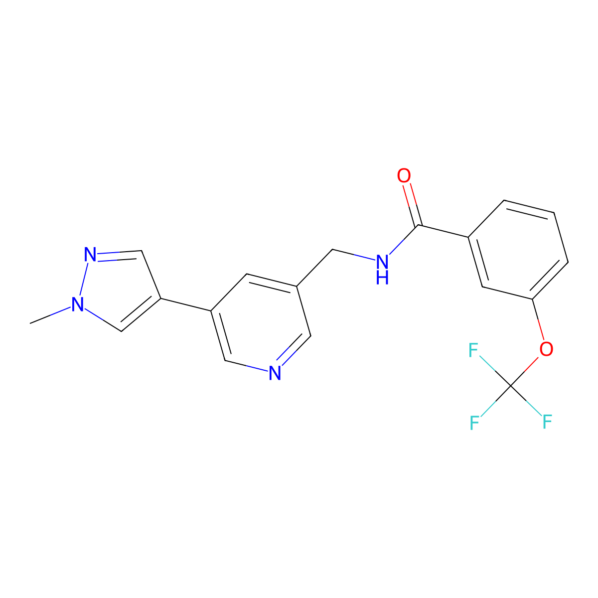N-((5-(1-methyl-1H-pyrazol-4-yl)pyridin-3-yl)methyl)-3-(trifluoromethoxy)benzamide molecular structure, CAS 2034309-07-2