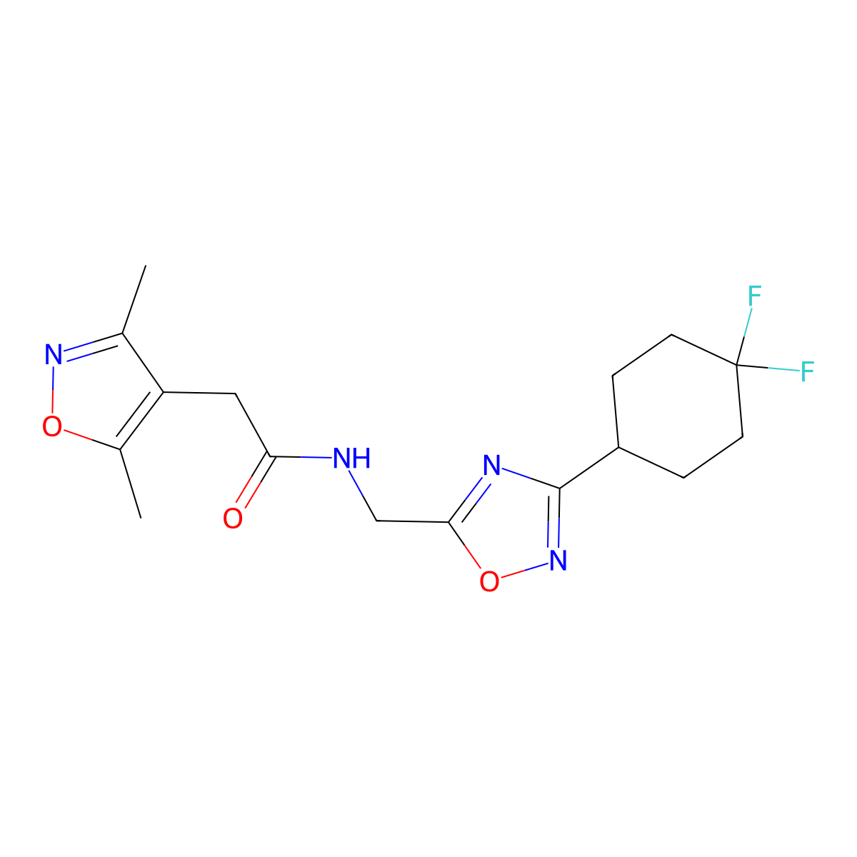 N-((3-(4,4-difluorocyclohexyl)-1,2,4-oxadiazol-5-yl)methyl)-2-(3,5-dimethylisoxazol-4-yl)acetamide molecular structure, CAS 2034309-08-3