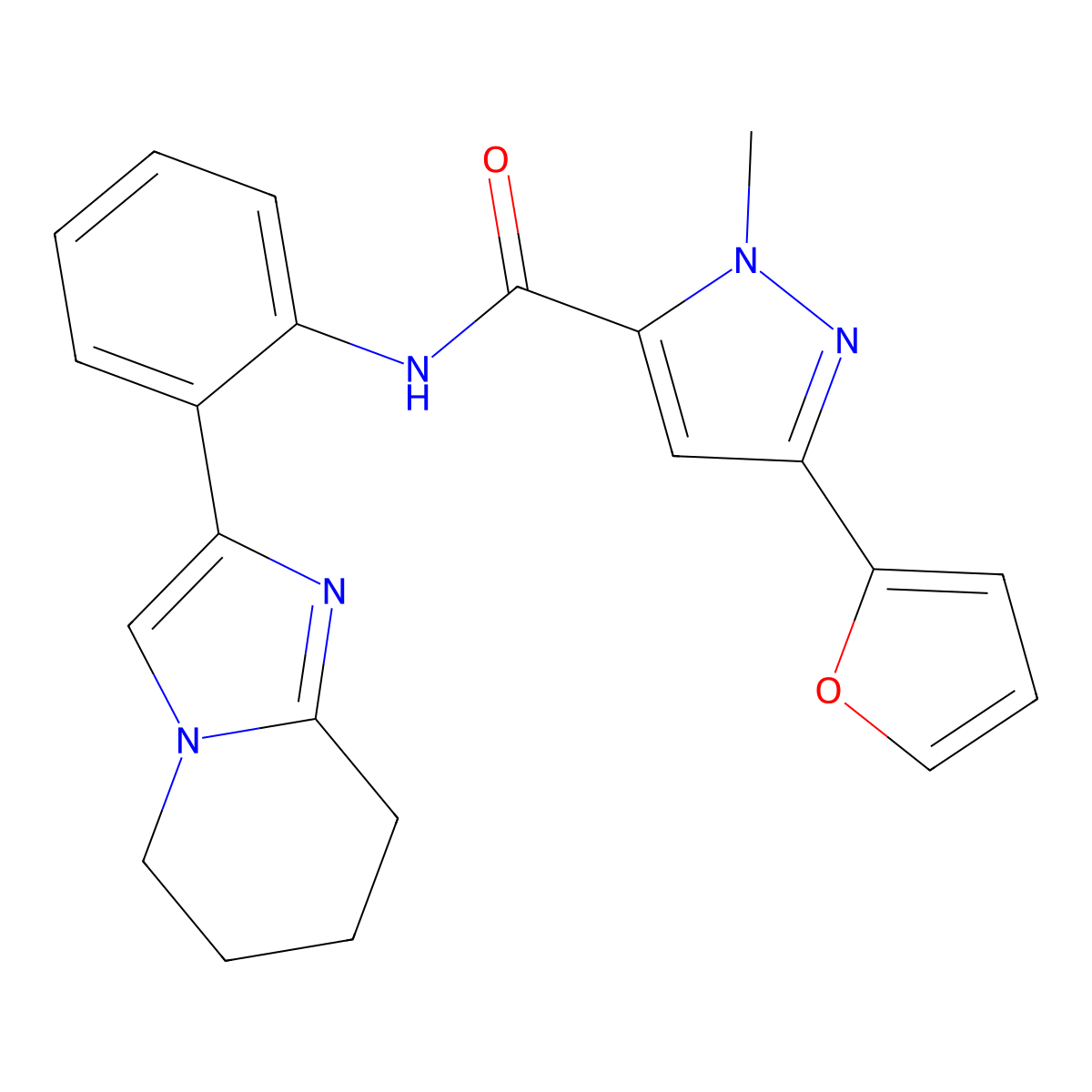 3-(furan-2-yl)-1-methyl-N-(2-(5,6,7,8-tetrahydroimidazo[1,2-a]pyridin-2-yl)phenyl)-1H-pyrazole-5-carboxamide molecular structure, CAS 2034309-09-4