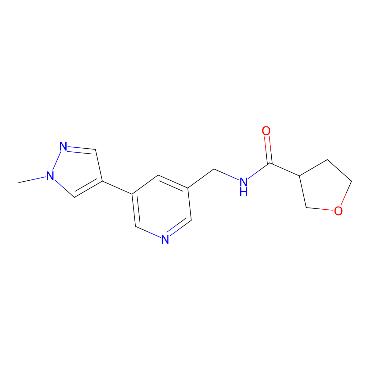 N-((5-(1-methyl-1H-pyrazol-4-yl)pyridin-3-yl)methyl)tetrahydrofuran-3-carboxamide molecular structure, CAS 2034309-12-9