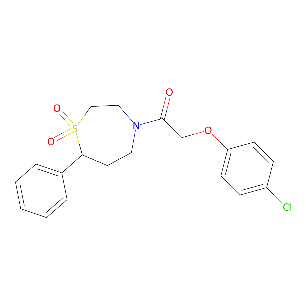 2-(4-Chlorophenoxy)-1-(1,1-dioxido-7-phenyl-1,4-thiazepan-4-yl)ethanone molecular structure, CAS 2034309-18-5