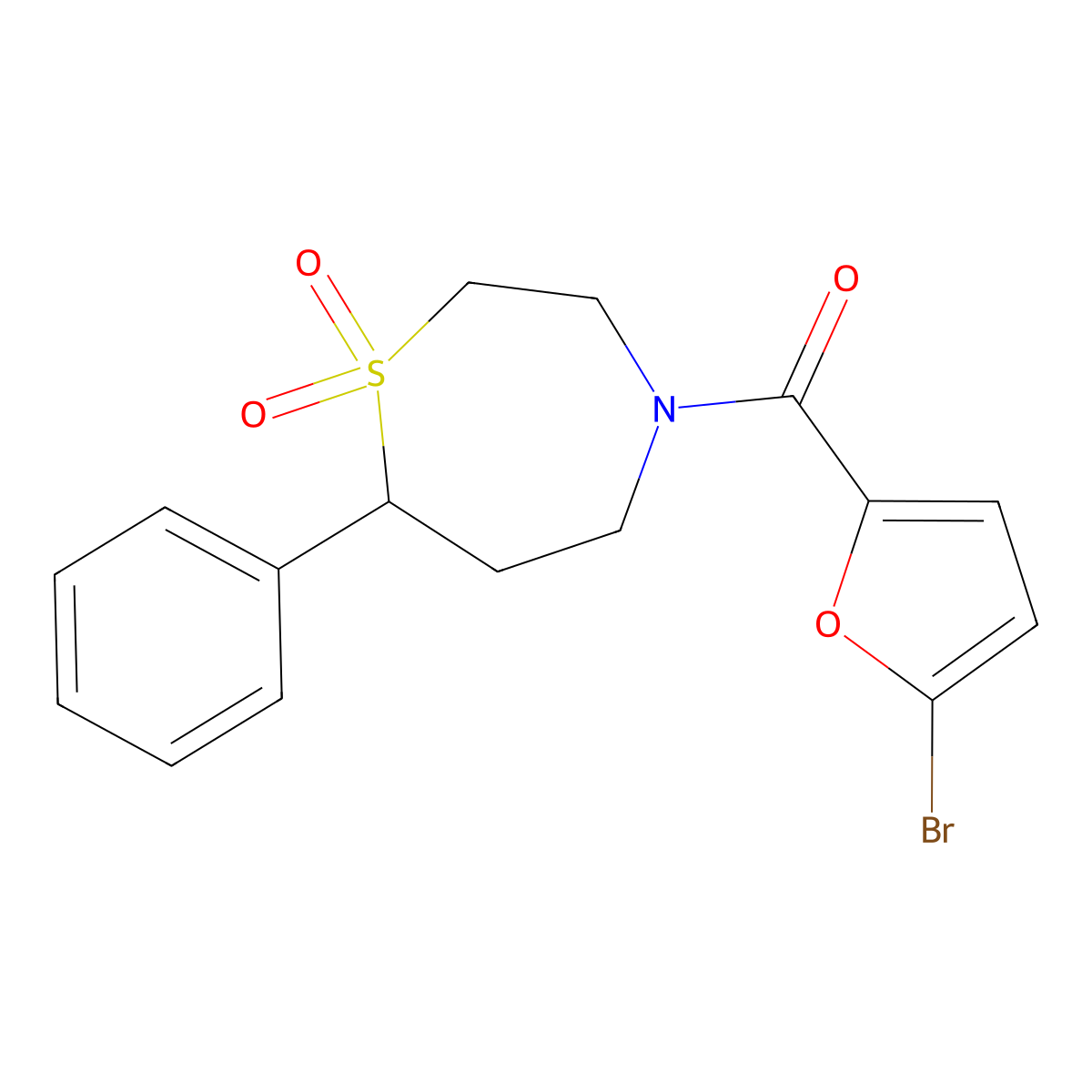 (5-Bromofuran-2-yl)(1,1-dioxido-7-phenyl-1,4-thiazepan-4-yl)methanone molecular structure, CAS 2034309-23-2