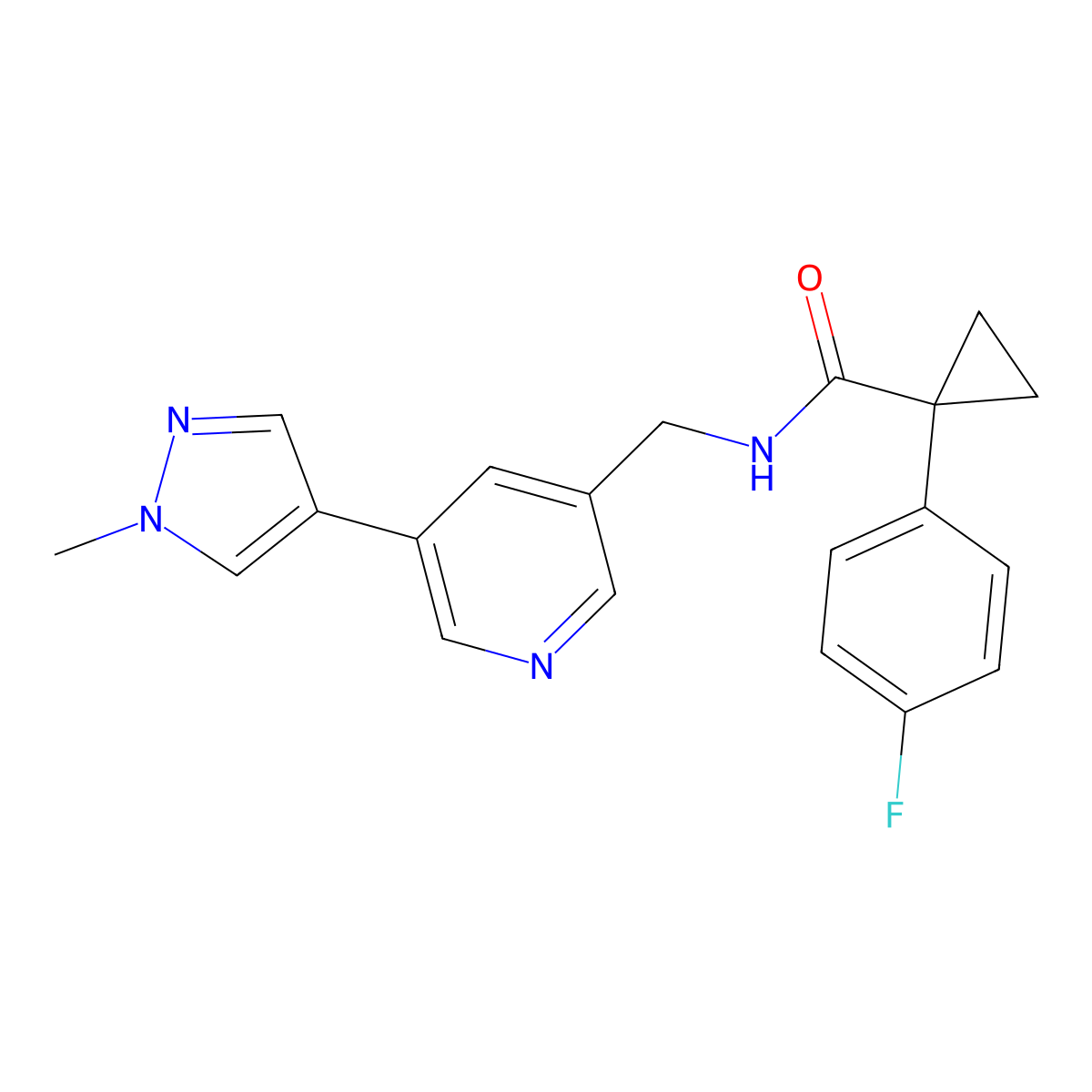 1-(4-fluorophenyl)-N-((5-(1-methyl-1H-pyrazol-4-yl)pyridin-3-yl)methyl)cyclopropanecarboxamide molecular structure, CAS 2034309-33-4