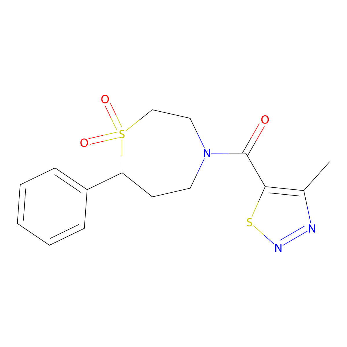 (1,1-Dioxido-7-phenyl-1,4-thiazepan-4-yl)(4-methyl-1,2,3-thiadiazol-5-yl)methanone molecular structure, CAS 2034309-37-8
