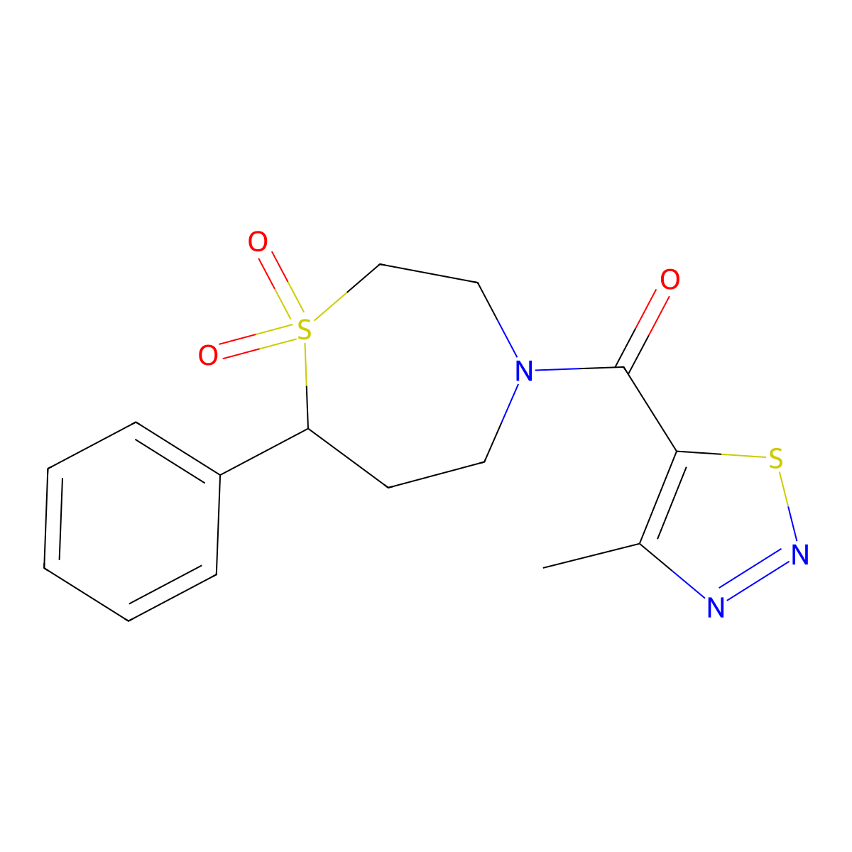 (1,1-Dioxido-7-phenyl-1,4-thiazepan-4-yl)(4-methyl-1,2,3-thiadiazol-5-yl)methanone molecular structure, CAS 2034309-37-8