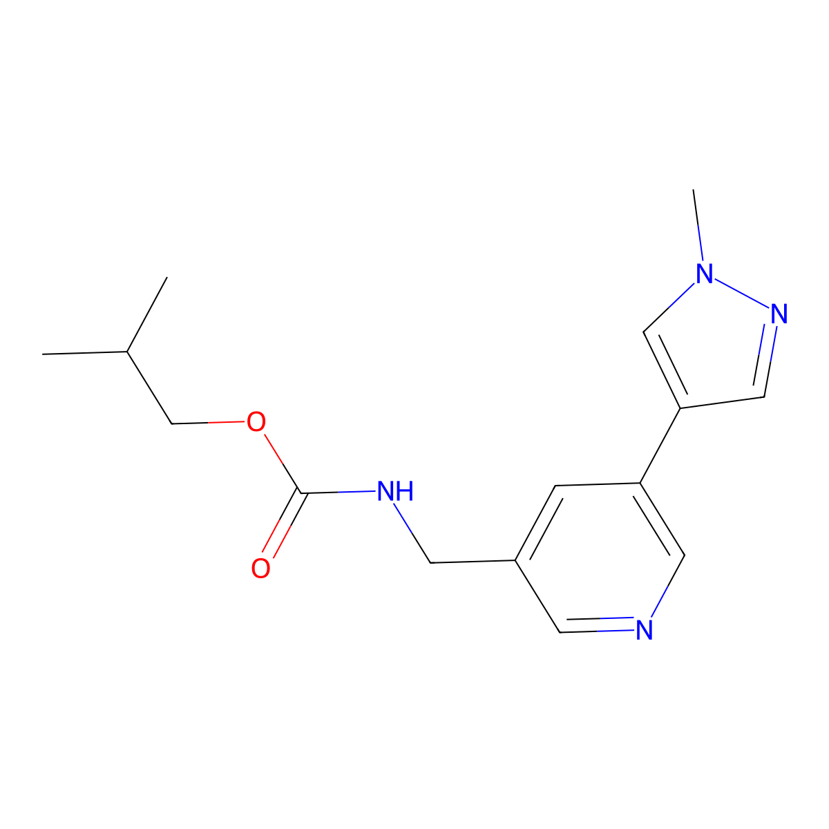 isobutyl ((5-(1-methyl-1H-pyrazol-4-yl)pyridin-3-yl)methyl)carbamate molecular structure, CAS 2034309-41-4