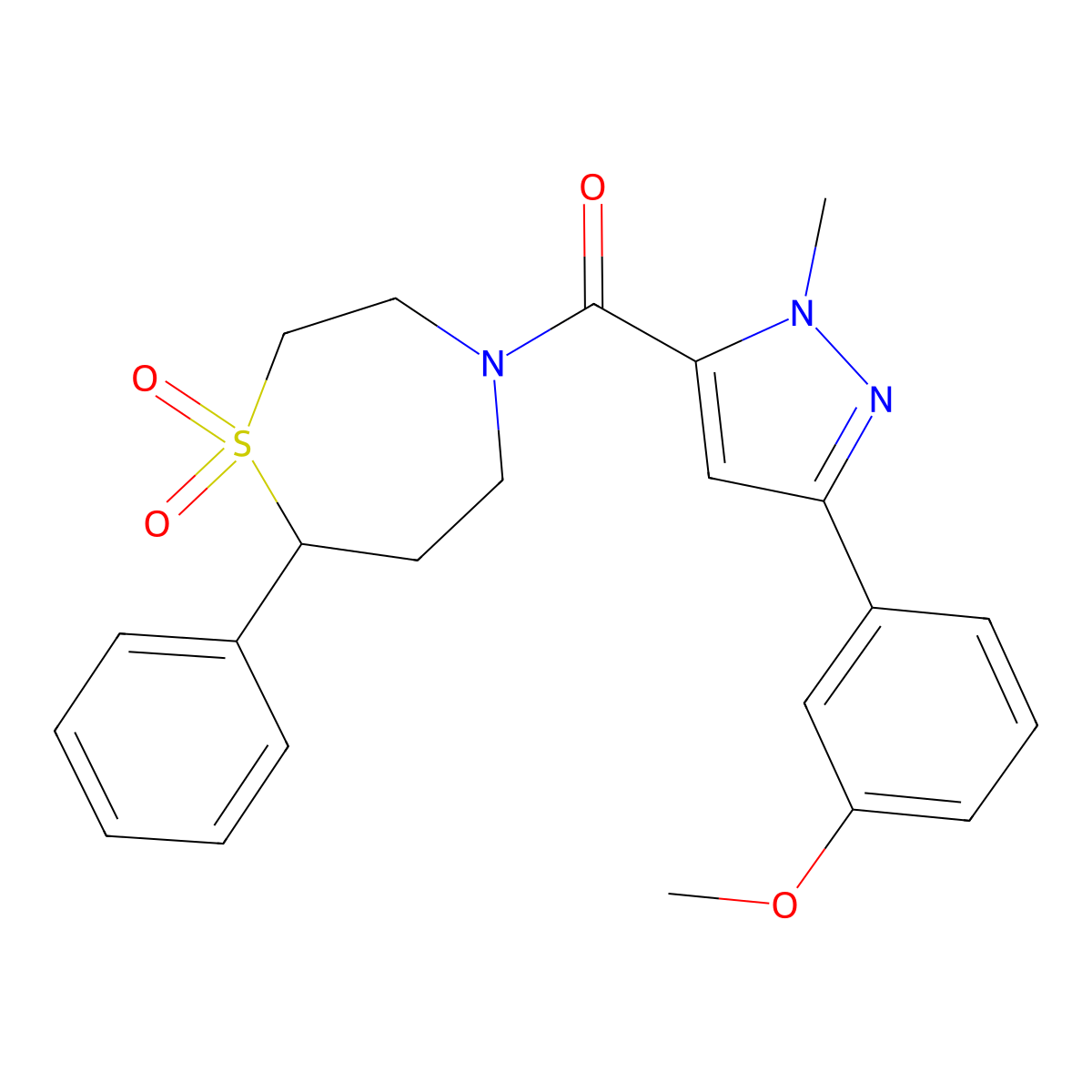 (1,1-dioxido-7-phenyl-1,4-thiazepan-4-yl)(3-(3-methoxyphenyl)-1-methyl-1H-pyrazol-5-yl)methanone molecular structure, CAS 2034309-43-6