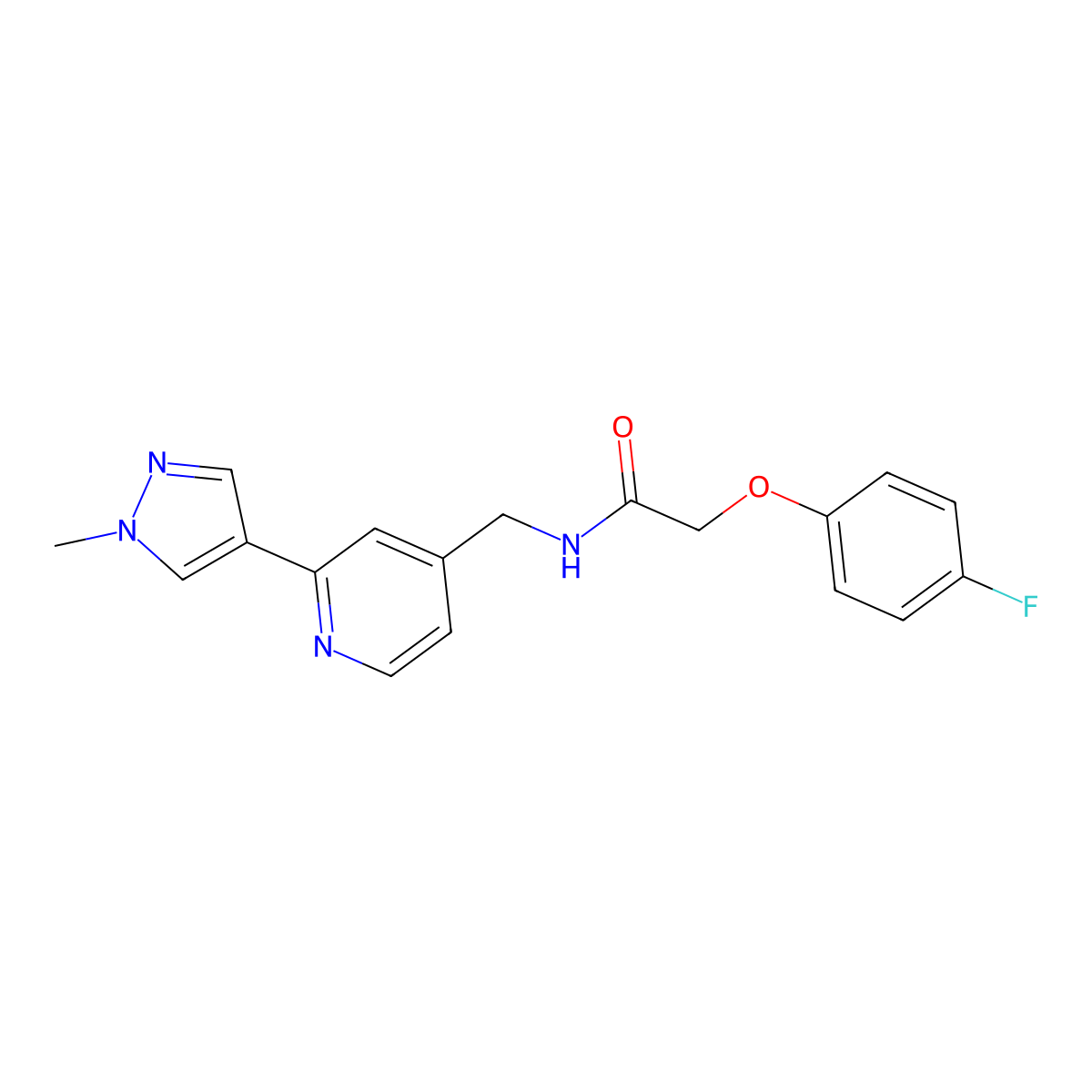 2-(4-fluorophenoxy)-N-((2-(1-methyl-1H-pyrazol-4-yl)pyridin-4-yl)methyl)acetamide molecular structure, CAS 2034309-49-2