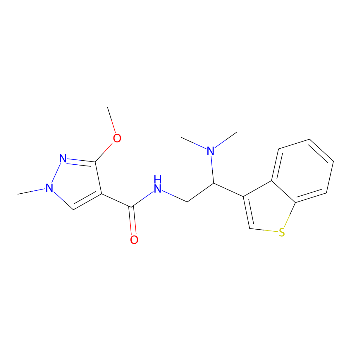 N-(2-(benzo[b]thiophen-3-yl)-2-(dimethylamino)ethyl)-3-methoxy-1-methyl-1H-pyrazole-4-carboxamide molecular structure, CAS 2034309-55-0