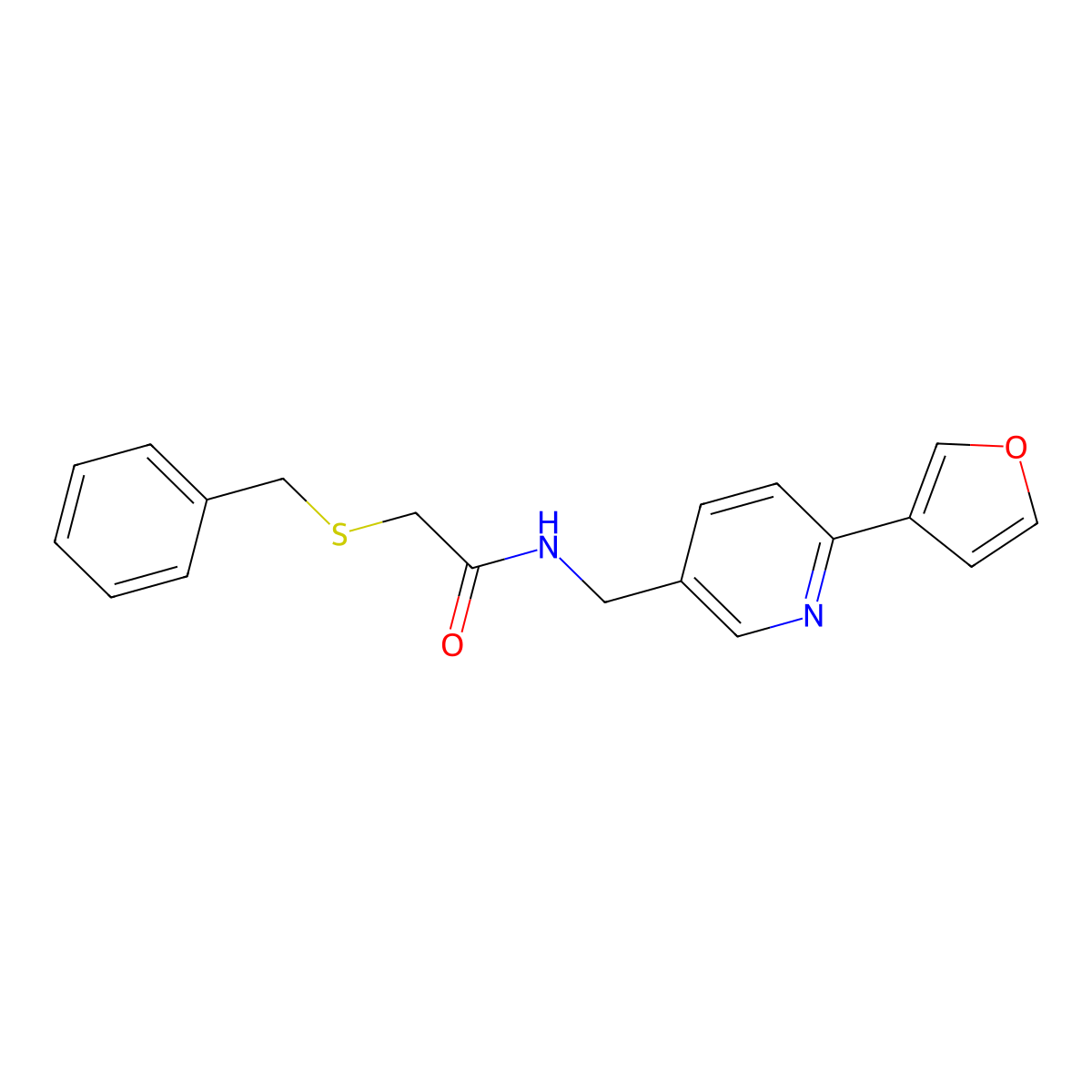 2-(benzylthio)-N-((6-(furan-3-yl)pyridin-3-yl)methyl)acetamide molecular structure, CAS 2034309-57-2