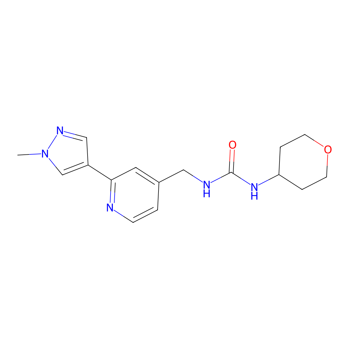 1-((2-(1-methyl-1H-pyrazol-4-yl)pyridin-4-yl)methyl)-3-(tetrahydro-2H-pyran-4-yl)urea molecular structure, CAS 2034309-74-3