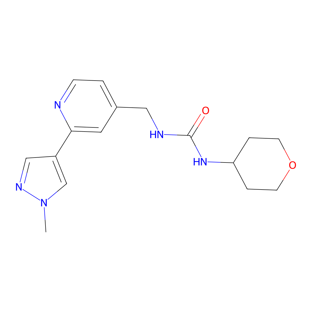 1-((2-(1-methyl-1H-pyrazol-4-yl)pyridin-4-yl)methyl)-3-(tetrahydro-2H-pyran-4-yl)urea molecular structure, CAS 2034309-74-3