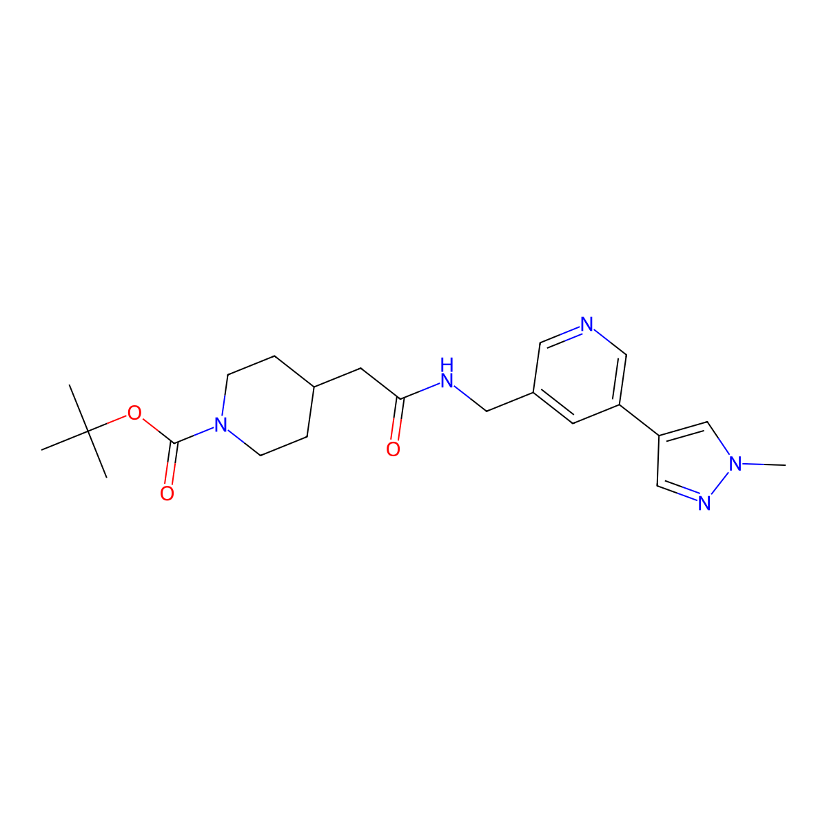 tert-butyl 4-(2-(((5-(1-methyl-1H-pyrazol-4-yl)pyridin-3-yl)methyl)amino)-2-oxoethyl)piperidine-1-carboxylate molecular structure, CAS 2034309-75-4