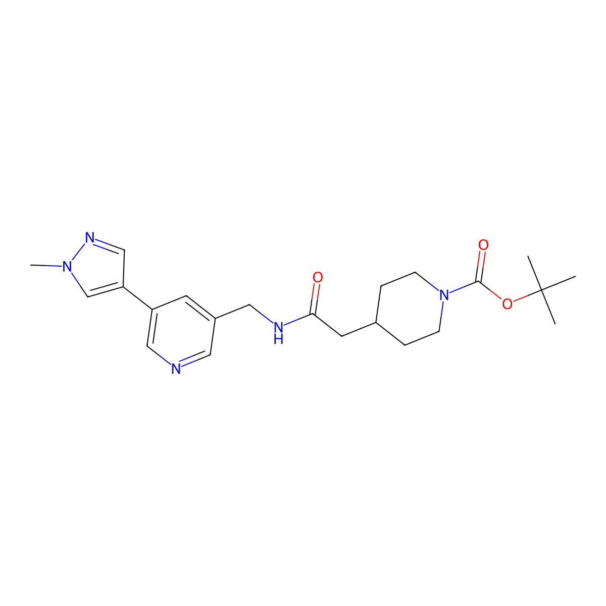 tert-butyl 4-(2-(((5-(1-methyl-1H-pyrazol-4-yl)pyridin-3-yl)methyl)amino)-2-oxoethyl)piperidine-1-carboxylate molecular structure, CAS 2034309-75-4