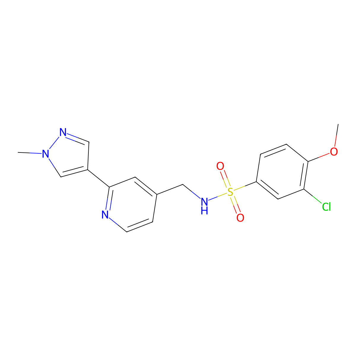 3-chloro-4-methoxy-N-((2-(1-methyl-1H-pyrazol-4-yl)pyridin-4-yl)methyl)benzenesulfonamide molecular structure, CAS 2034309-82-3