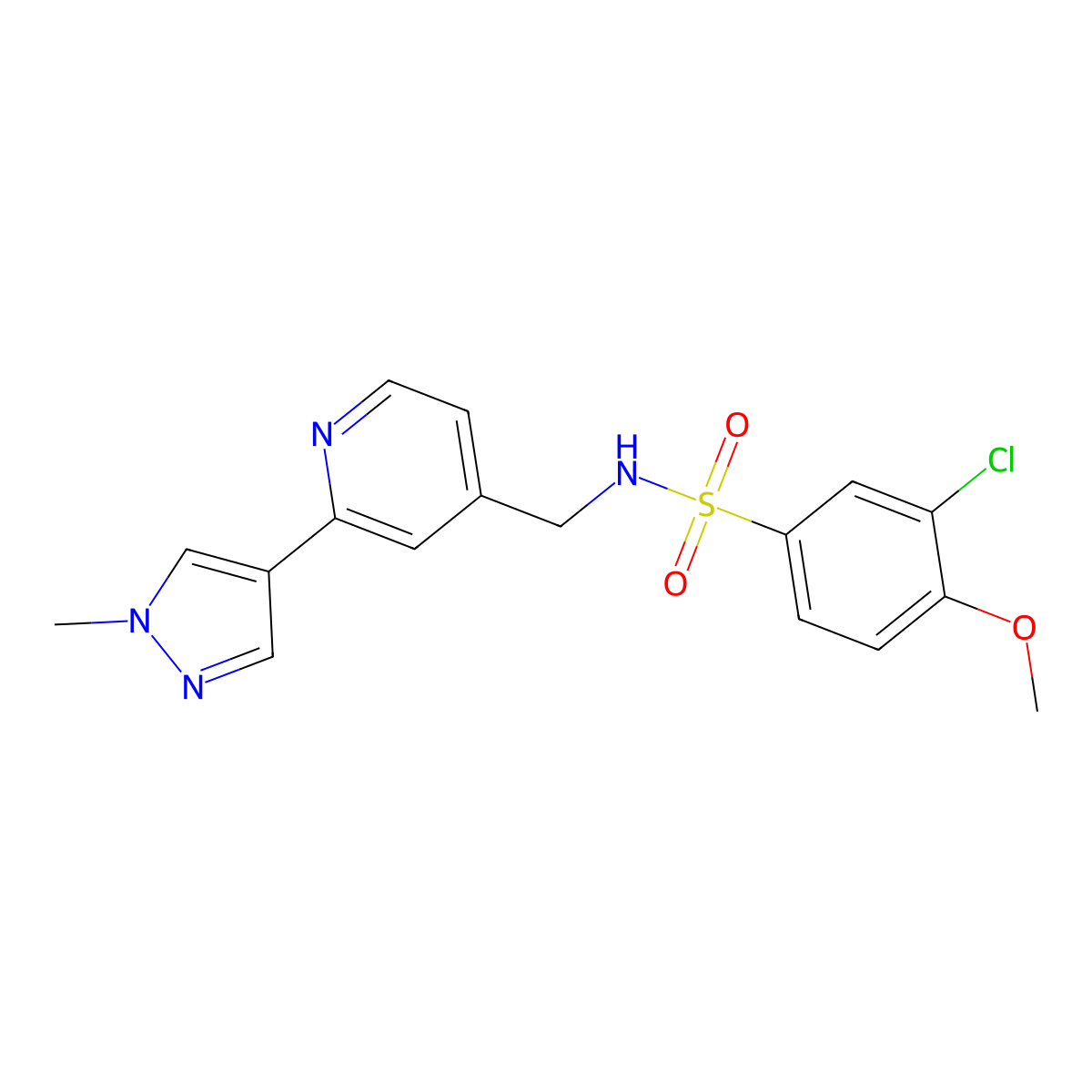 3-chloro-4-methoxy-N-((2-(1-methyl-1H-pyrazol-4-yl)pyridin-4-yl)methyl)benzenesulfonamide molecular structure, CAS 2034309-82-3