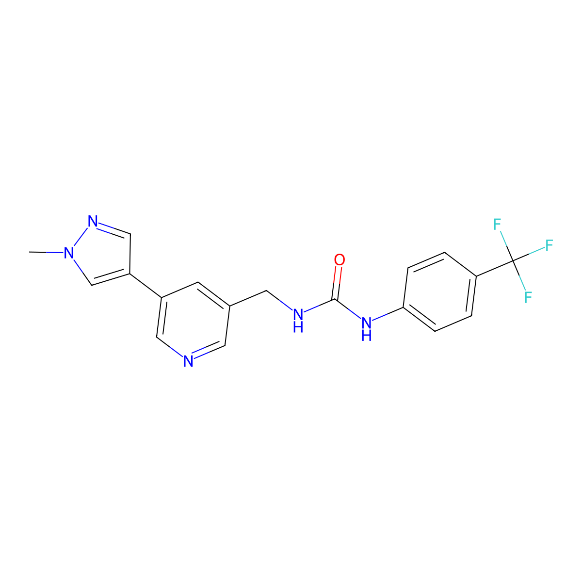 1-((5-(1-methyl-1H-pyrazol-4-yl)pyridin-3-yl)methyl)-3-(4-(trifluoromethyl)phenyl)urea molecular structure, CAS 2034309-87-8