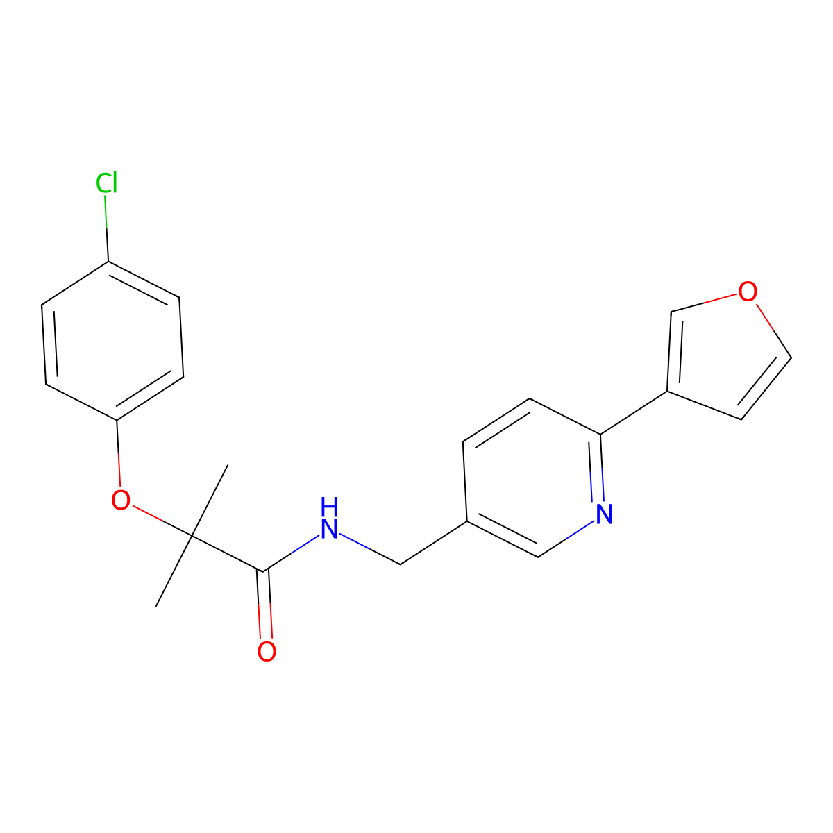 2-(4-chlorophenoxy)-N-((6-(furan-3-yl)pyridin-3-yl)methyl)-2-methylpropanamide molecular structure, CAS 2034309-89-0