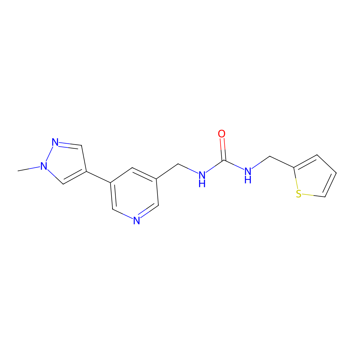 1-((5-(1-methyl-1H-pyrazol-4-yl)pyridin-3-yl)methyl)-3-(thiophen-2-ylmethyl)urea molecular structure, CAS 2034310-04-6