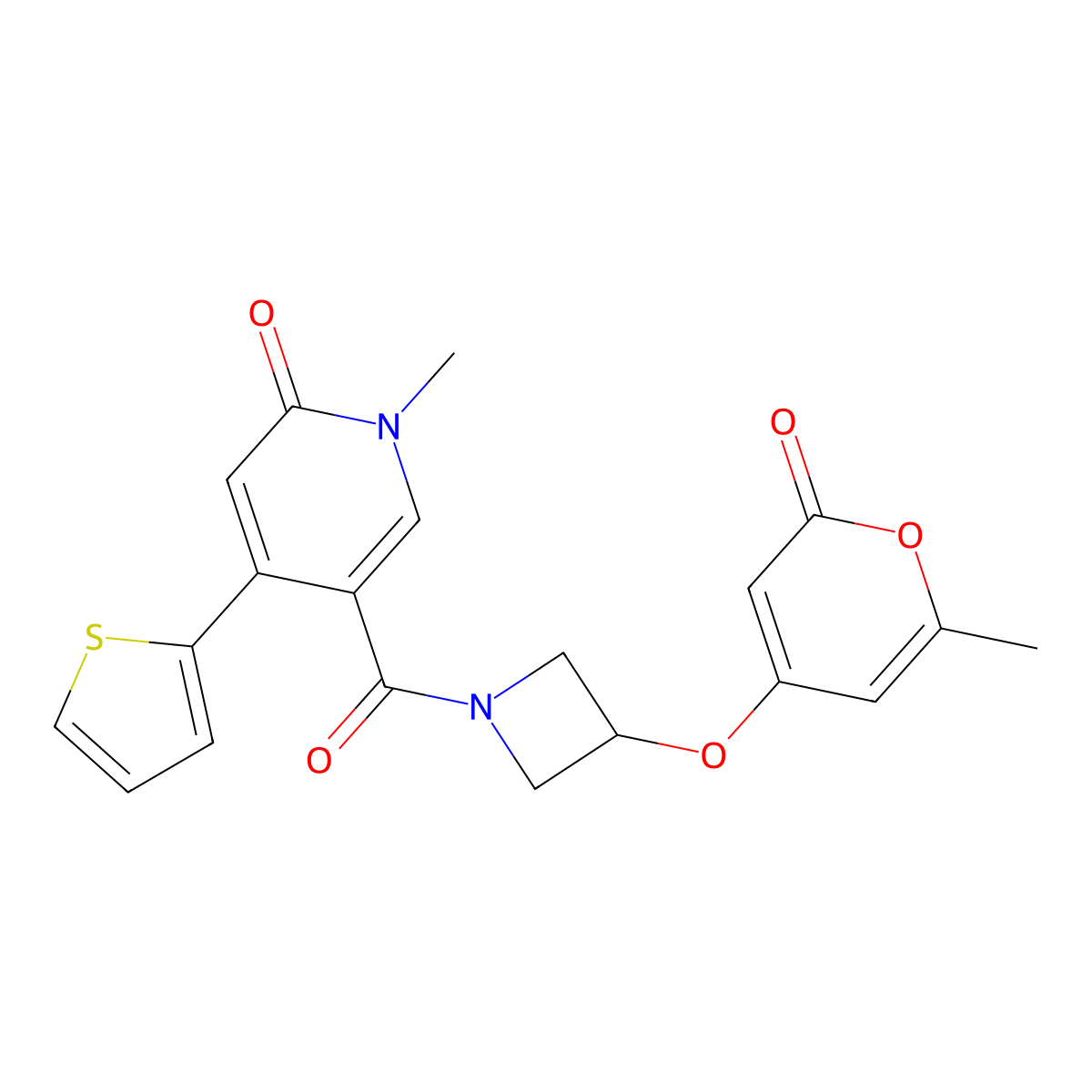 1-methyl-5-(3-((6-methyl-2-oxo-2H-pyran-4-yl)oxy)azetidine-1-carbonyl)-4-(thiophen-2-yl)pyridin-2(1H)-one molecular structure, CAS 2034310-05-7