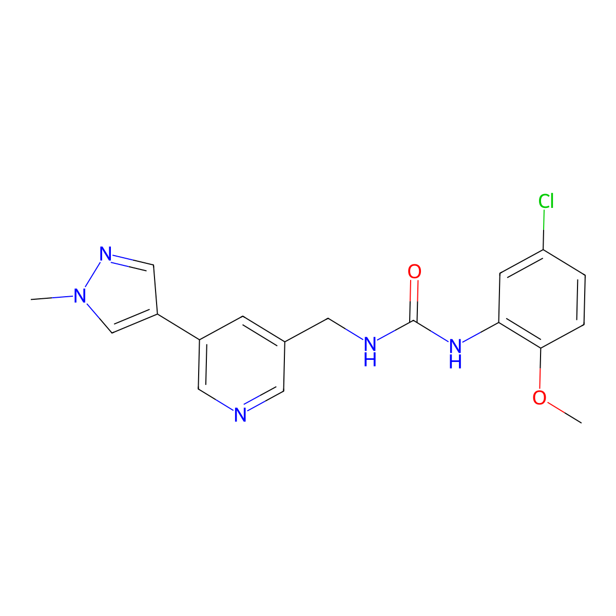 1-(5-chloro-2-methoxyphenyl)-3-((5-(1-methyl-1H-pyrazol-4-yl)pyridin-3-yl)methyl)urea molecular structure, CAS 2034310-09-1