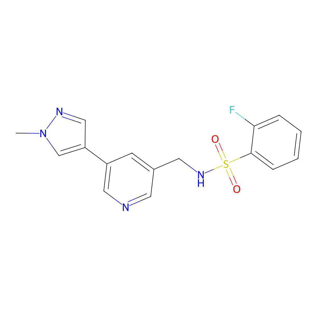 2-fluoro-N-((5-(1-methyl-1H-pyrazol-4-yl)pyridin-3-yl)methyl)benzenesulfonamide molecular structure, CAS 2034310-15-9