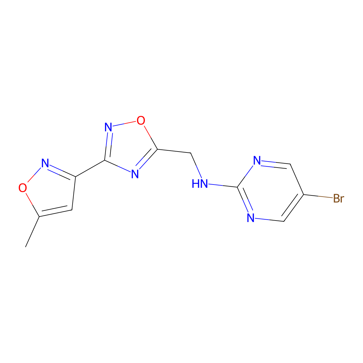 5-bromo-N-((3-(5-methylisoxazol-3-yl)-1,2,4-oxadiazol-5-yl)methyl)pyrimidin-2-amine molecular structure, CAS 2034310-26-2