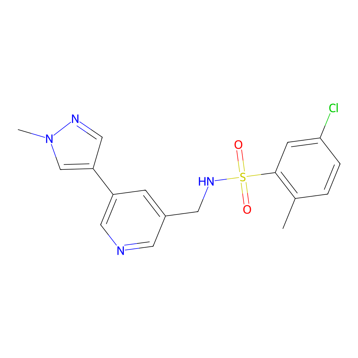 5-chloro-2-methyl-N-{[5-(1-methyl-1H-pyrazol-4-yl)pyridin-3-yl]methyl}benzene-1-sulfonamide molecular structure, CAS 2034310-28-4