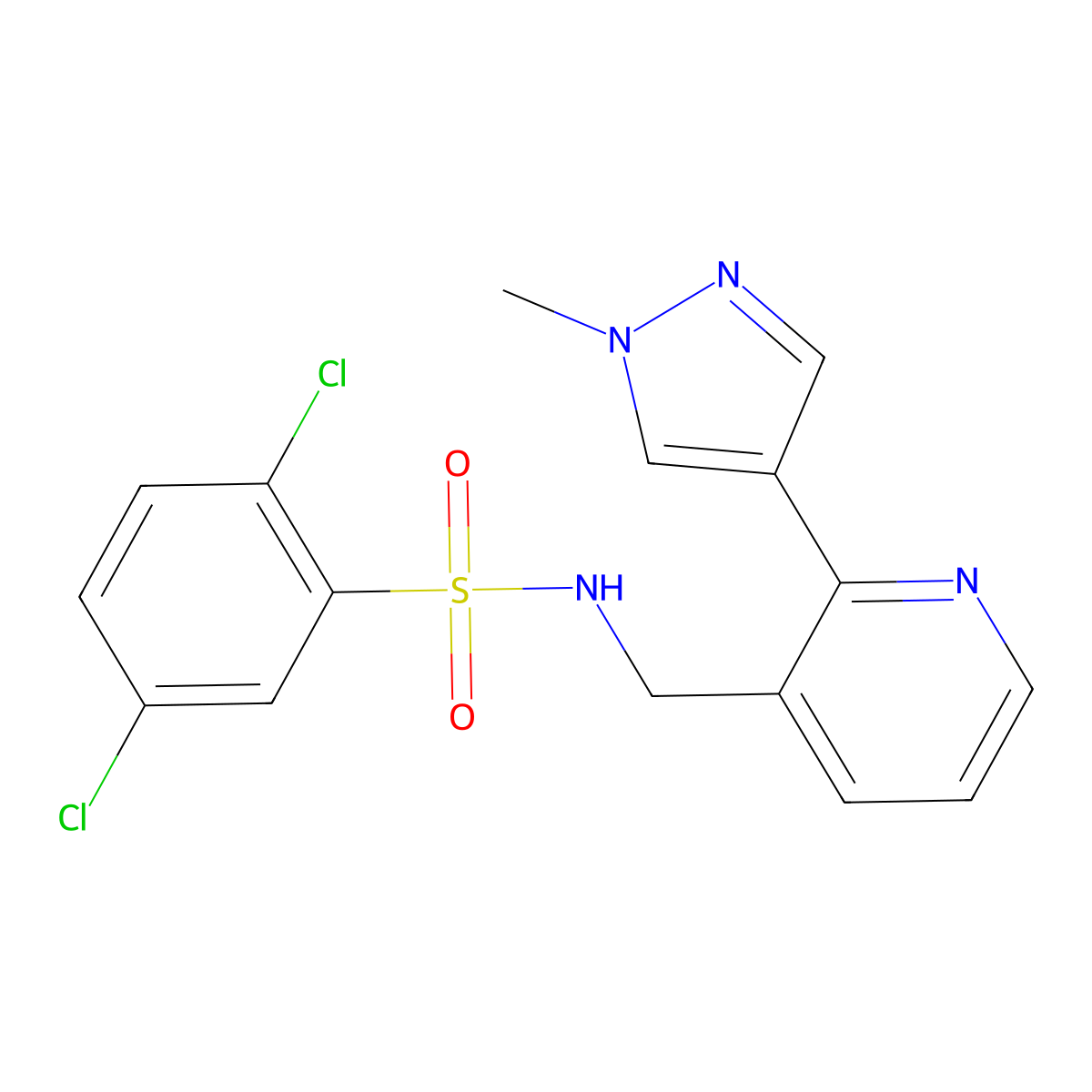 2,5-dichloro-N-((2-(1-methyl-1H-pyrazol-4-yl)pyridin-3-yl)methyl)benzenesulfonamide molecular structure, CAS 2034310-36-4