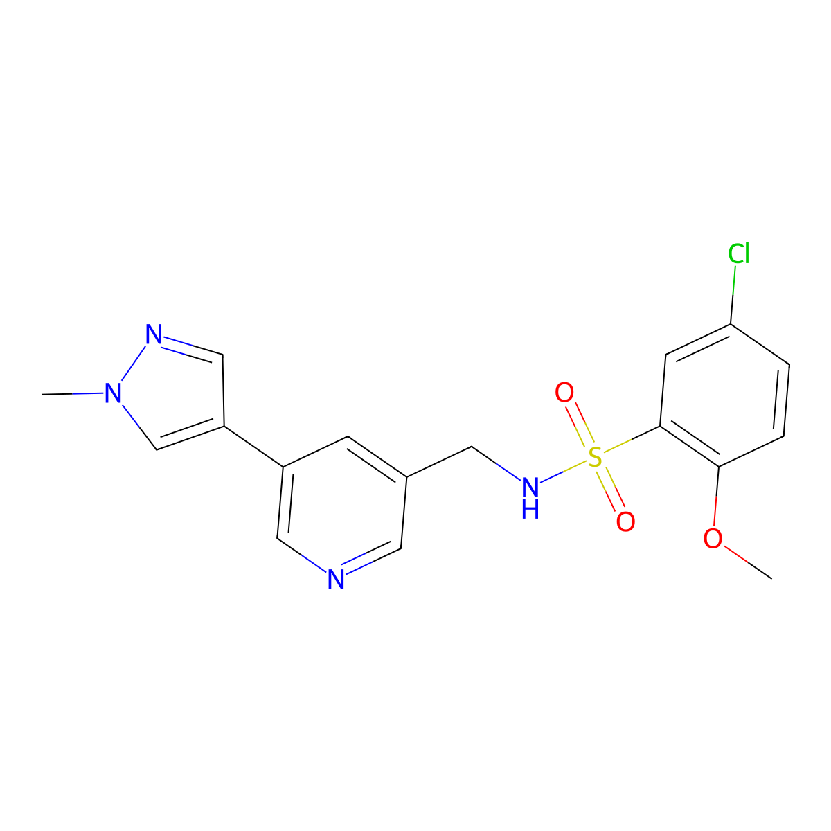 5-chloro-2-methoxy-N-((5-(1-methyl-1H-pyrazol-4-yl)pyridin-3-yl)methyl)benzenesulfonamide molecular structure, CAS 2034310-48-8