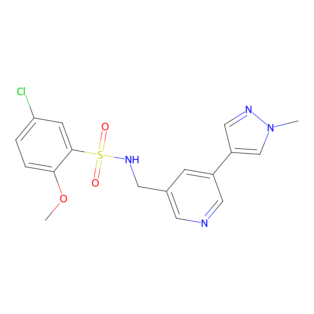 5-chloro-2-methoxy-N-((5-(1-methyl-1H-pyrazol-4-yl)pyridin-3-yl)methyl)benzenesulfonamide molecular structure, CAS 2034310-48-8